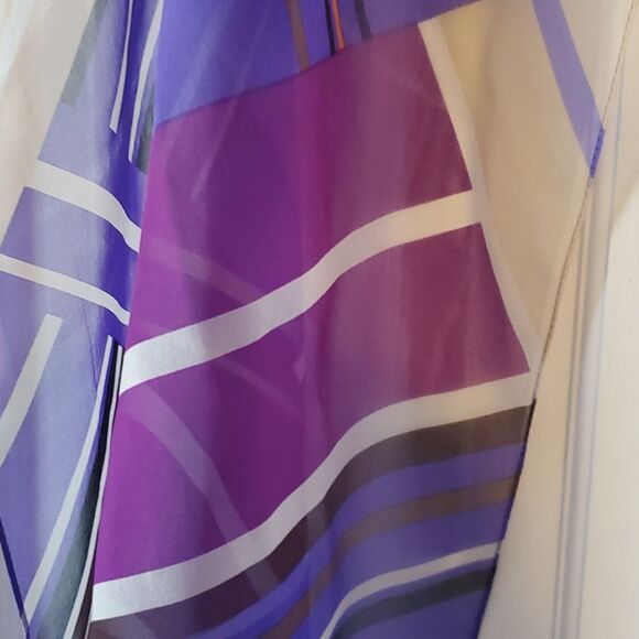 ANNE KLEIN SILK GEOMETRIC GRAPHIC SCARF WRAP PURPLE BLACK WHITE TAN ORANGE - Picture 3 of 11